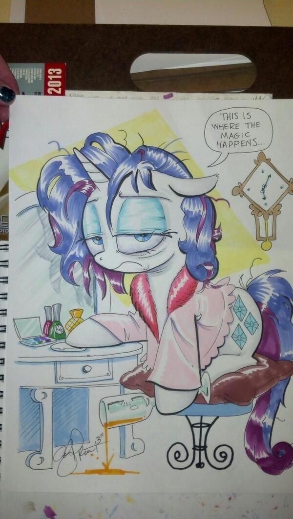 the image is a drawing of rarity from my little pony looking exhausted. she is wearing a pink robe and sitting at a makeup table. there is a bottle of liquid spilled on the floor. a clock in the background has a speech bubble that says "this is where the magic happens..."