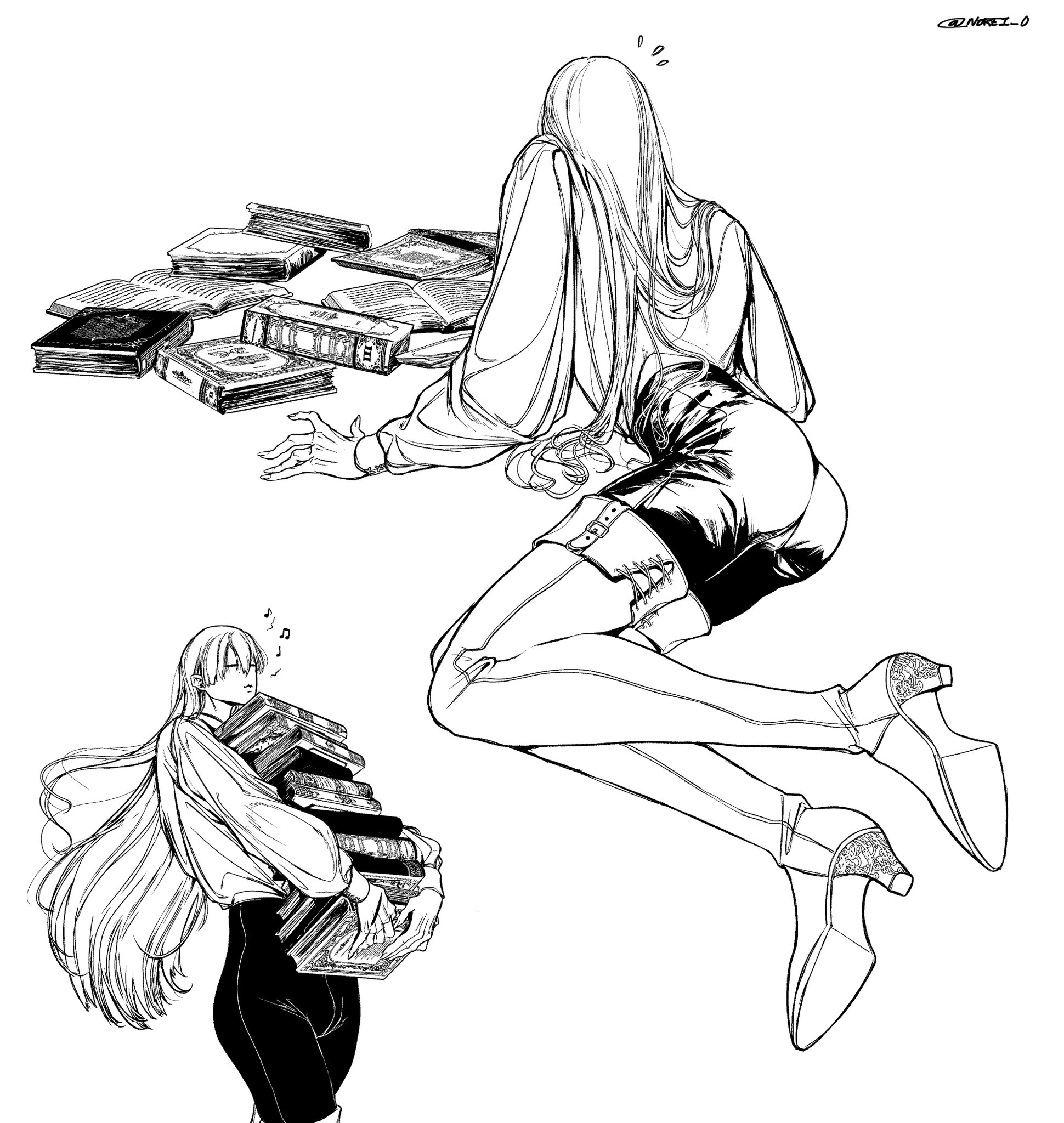 he image is a black and white mangastyle illustration featuring two women. the top woman is sprawled out on the floor surrounded by a scattering of books, while the bottom woman is holding a large stack of books close to her chest. both women have long flowing hair, are dressed in elegant clothing, and have a graceful pose. the style is reminiscent of classic manga and anime art.
