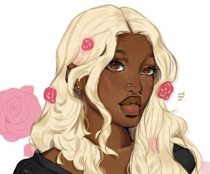 the image is a digital illustration of a young black woman with long, wavy blonde hair.  she has dark skin, freckles, and is wearing small pink rose hair accessories.  she also has small gold earrings and a nose ring. her expression is soft and slightly sultry. the art style blends realistic features with a stylized, almost animeinspired look. the background is simple, featuring pale pink roses. the overall mood is elegant and beautiful. the artist's signature, "mod_barn_art," is visible in small text.