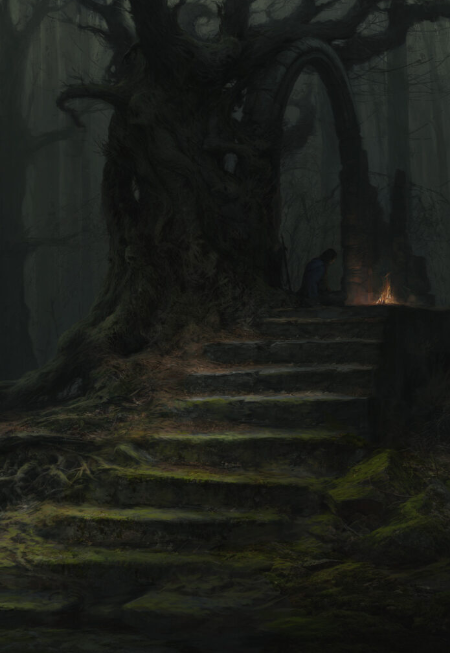 the image shows a set of mosscovered stone stairs leading up to a platform built around the base of a massive, gnarled tree in a dark forest. the tree has a natural archway formed in its trunk. a lone figure sits hunched on the platform, facing a small fire burning in a brazier.  the scene is shrouded in fog, creating a mysterious and atmospheric mood. the lighting is lowkey, with the fire providing the main light source, casting flickering shadows on the surrounding trees and the figure.  the overall palette is dark and muted, adding to the sense of mystery and the unknown.