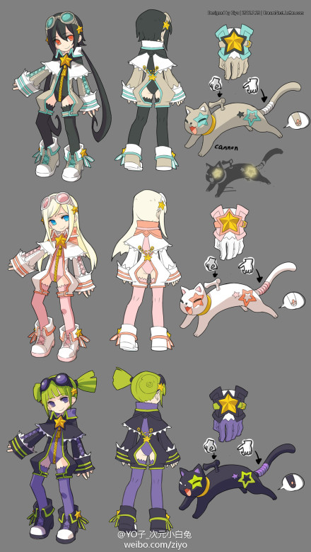 this is an illustration of six anime character designs. the design features various characters with differing hair styles and outfits. the characters are all dressed in different color schemes and all wear a star of some kind as a prominent detail on their outfits. some of the characters have companions such as a cat. they all have varying hairstyles, poses, and facial expressions. the artwork is done in a digital cartoon style.