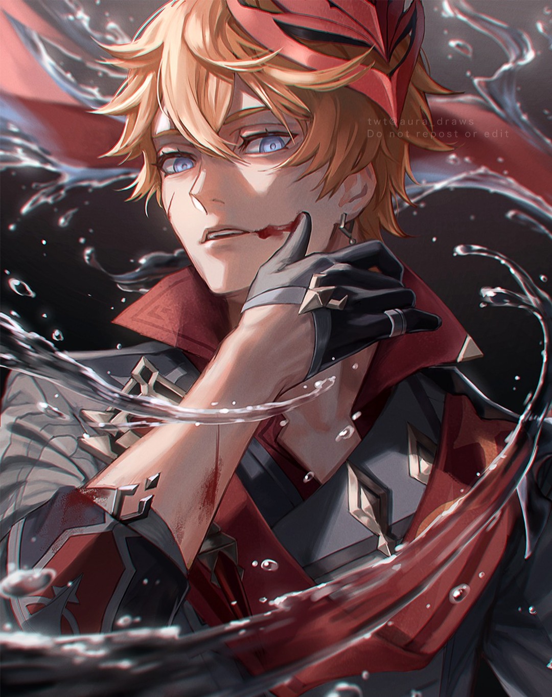 the image is a digital fanart depicting a young male anime character with blond hair partially obscured by a red mask.  he's wearing a richly detailed, dark and red outfit. the character has a serious, almost fierce expression, and there are visible cuts and bloodstains on his face and arm, suggesting recent combat or injury.  he's partially submerged in or surrounded by swirling water, enhancing the dramatic and dynamic nature of the artwork. the art style is highly stylized and detailed, with a focus on sharp lines, rich color, and dramatic lighting. the overall mood is intense and evocative.