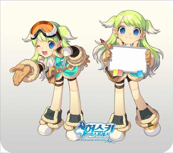 two cute anime girls, one with a marker and a whiteboard, the other with her hand outstretched in a welcoming gesture, standing side by side. they both have green hair, winter clothing and smiling faces.  the image is drawn in a cartoon style and features a white background. the girl with the marker is standing on the right side of the picture, while the other girl is on the left. the image is light and playful.