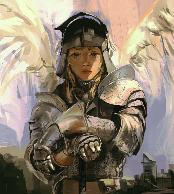 the painting depicts a female warrior angel, clad in ornate plate armor, with large white feathered wings spread behind her. she stands in front of a blurred cityscape, her gaze serious and determined. she holds the hilt of a sword, which is partially obscured by her gauntleted hands. the overall palette is warm and muted, with a soft light source illuminating the angel from above.