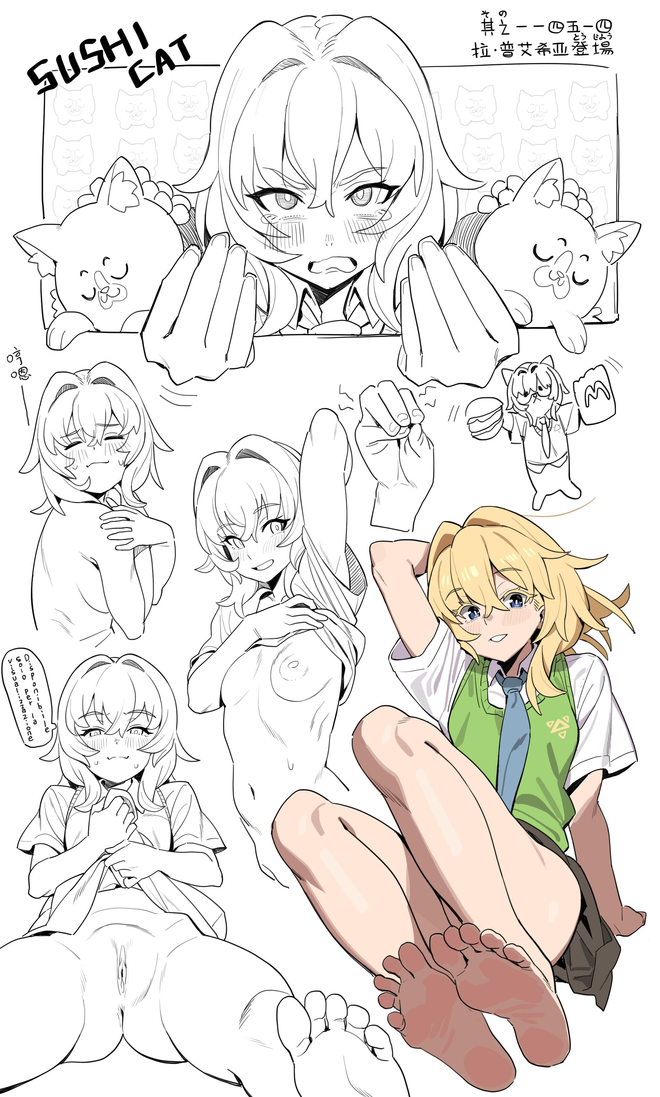 the image contains multiple sketches of an anime girl with blonde hair in various poses. some sketches are partially nude, while one is in a school uniform. in the upper part, there is also an image of "sushi cat".