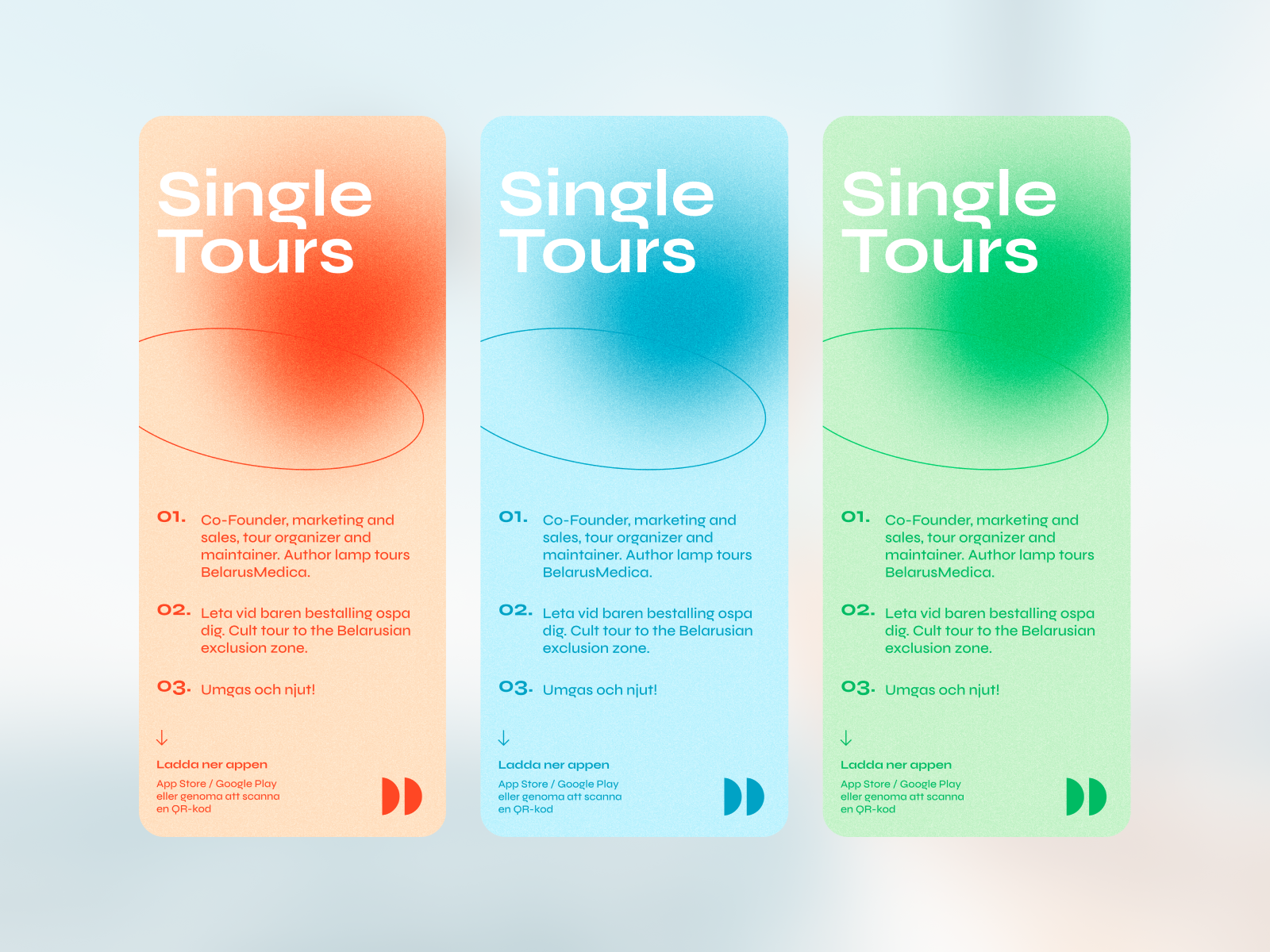 three colorful digital marketing cards with the words "single tours" displayed in white against a gradient background. each card has three bullets with information about a travel tour company including their company information, what tours they offer, and how to download their app. the cards are designed with a rounded rectangle shape with a shadow behind them.  the company offers tours in belarus. the three cards are colored light orange, blue, and green.