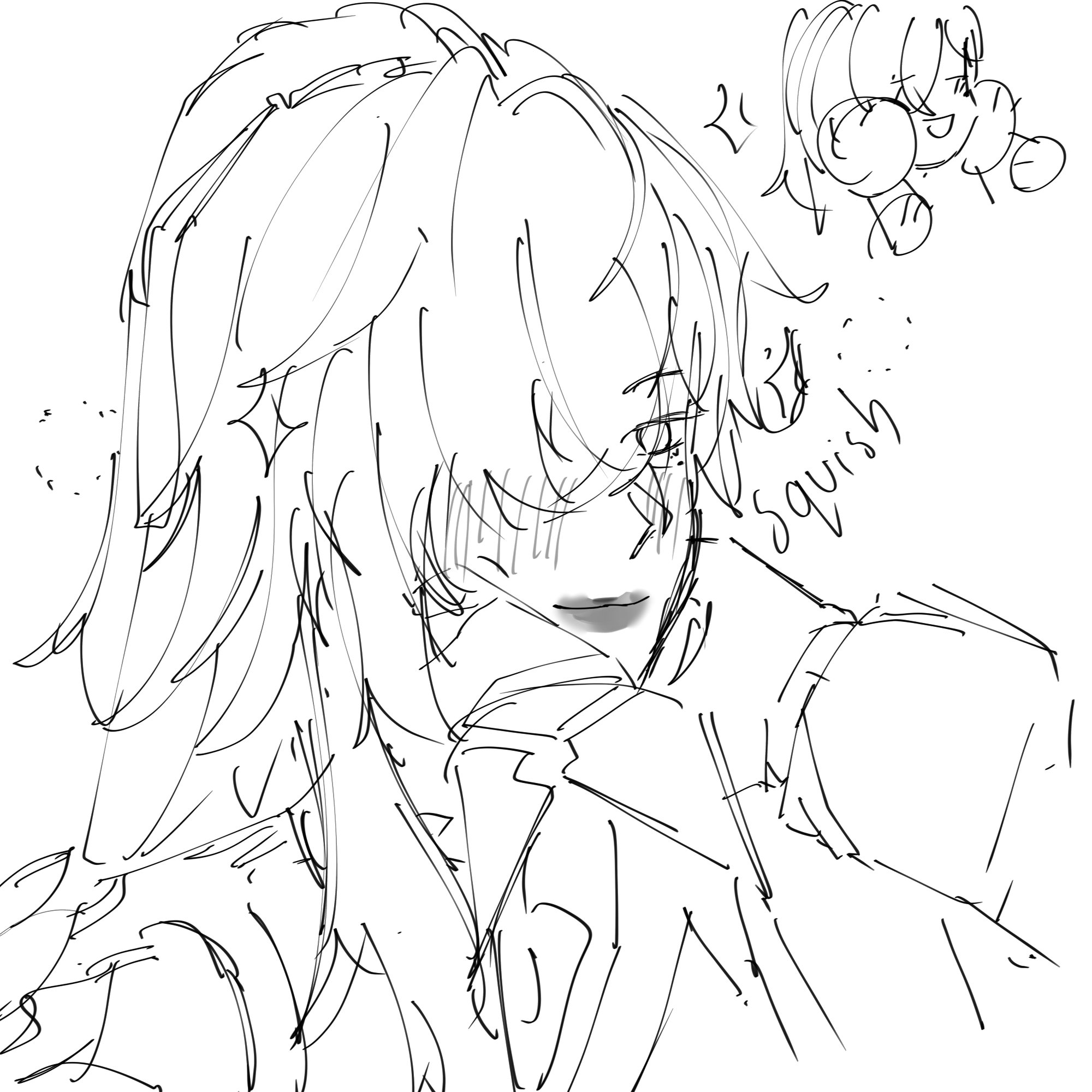 this is a black and white sketch of a young anime girl with long hair.