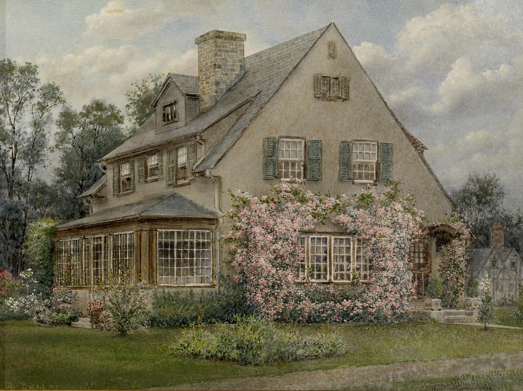 a watercolor painting depicts a twostory house with a gabled roof, a brick chimney, and multiple windows with green shutters. the house is covered in climbing pink flowers, creating a romantic, cottagelike atmosphere. a screened porch extends from the side of the house, and a garden filled with flowers and shrubs surrounds the house. the scene is set in a lush, green yard with trees in the background, and a glimpse of another house in the distance. the style is reminiscent of early 20thcentury american art.