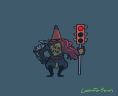 the image features a stylized cartoon knight, reminiscent of characters from the dark souls video game series. the knight is depicted in a humorous way, wearing a traffic cone as a helmet and holding a stoplight as a weapon. a "dead end" sign is prominently displayed on their chest. the art style is simple and clean, with flat colors and bold outlines. the background is a solid, muted bluegray.