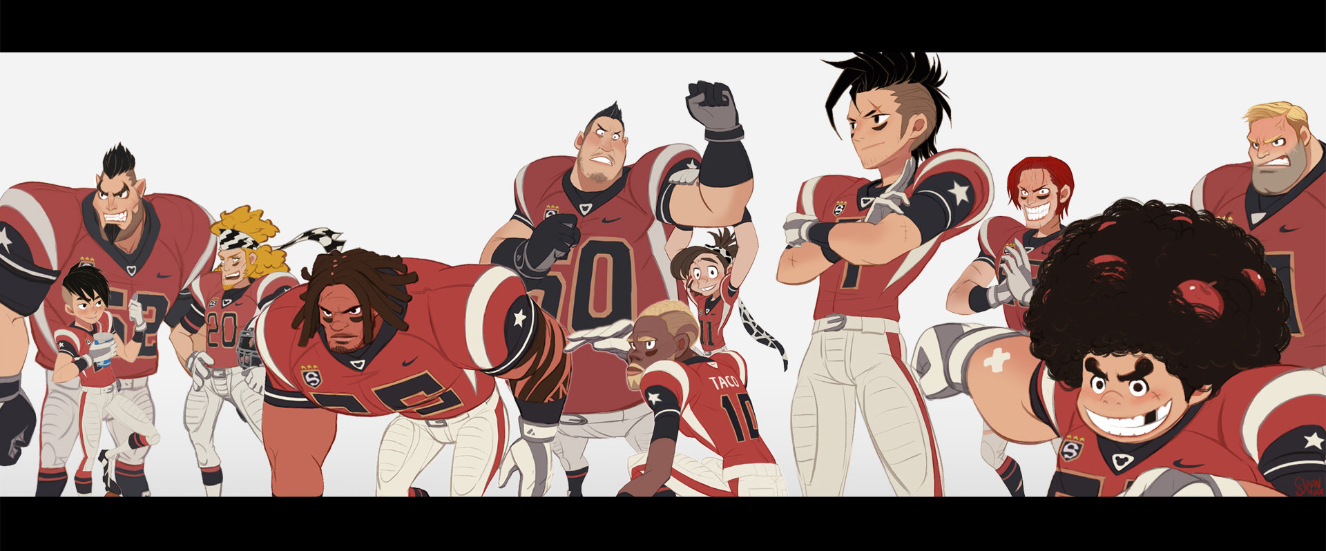 the image shows a team of football players standing together in their red and white uniforms.  they are all looking at the viewer with confident expressions. the background is white, and the lighting is soft, giving the image a lively feel.