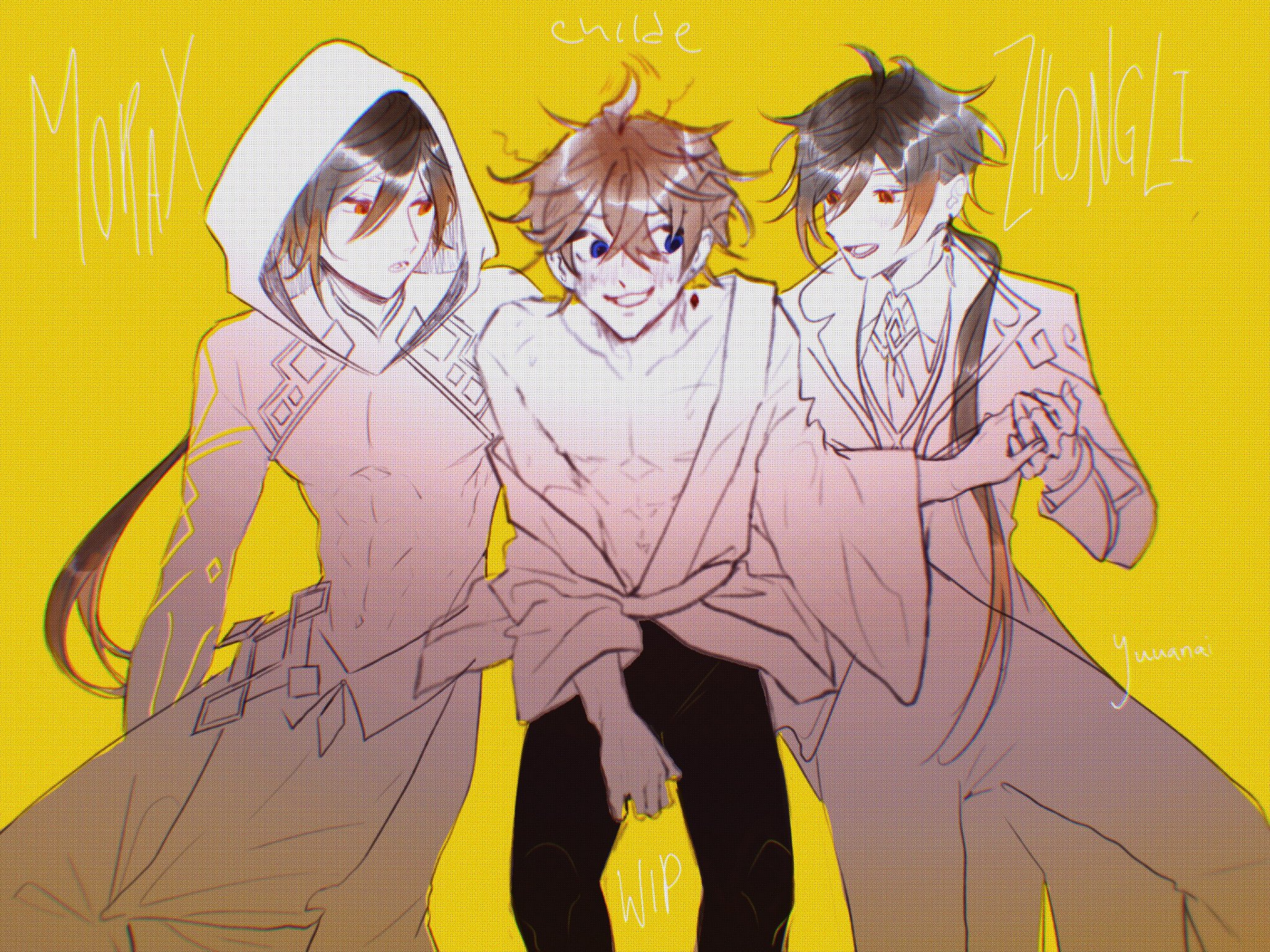 a digital drawing of three male anime characters, standing in front of a yellow background, with "morax", "childe" and "zhongli" written above their heads.  morax is the one on the left wearing white with an open white hooded cloak, and black hair. childe is the one in the middle wearing a white robe and holding a white robe with a black background and black pants, he is smiling and is a brown haired character. zhongli is the one on the right, wearing a white suit and is also black haired.  they all look like characters from the game genshin impact.