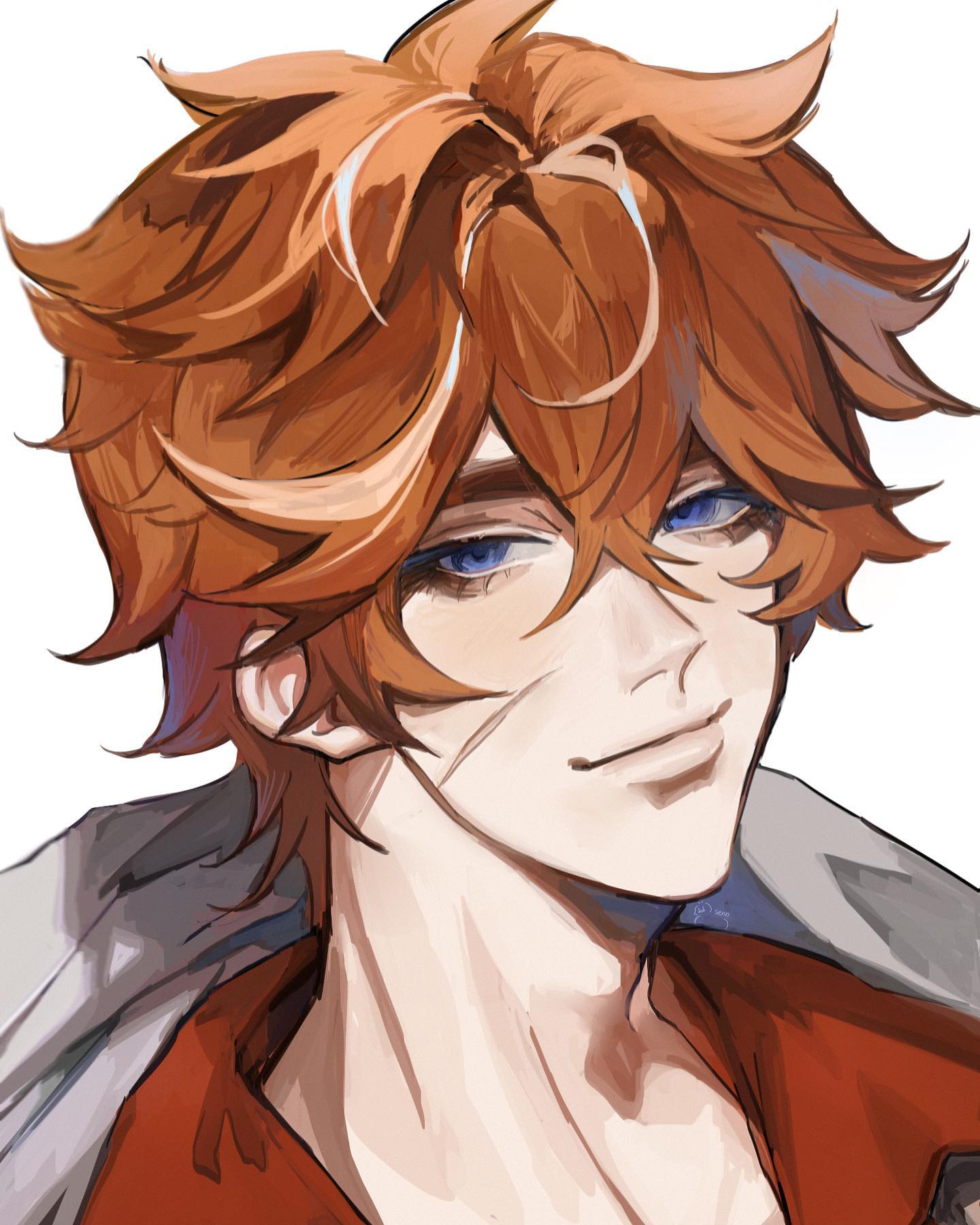 the image is a digital painting or illustration of a young animestyle male character.  he has shoulderlength, slightly messy, bright orange hair with some lighter strands.  his eyes are a striking blue, and he has a small scar visible on his cheek. he's wearing a red shirt and a greyish jacket. his expression is a subtle smirk, and the overall style is soft but with clear lines and slightly painterly brushstrokes. the background is plain white, making the character the focus of the image.  the art style is reminiscent of modern anime or manga character designs, showcasing a handsome and expressive character portrait.