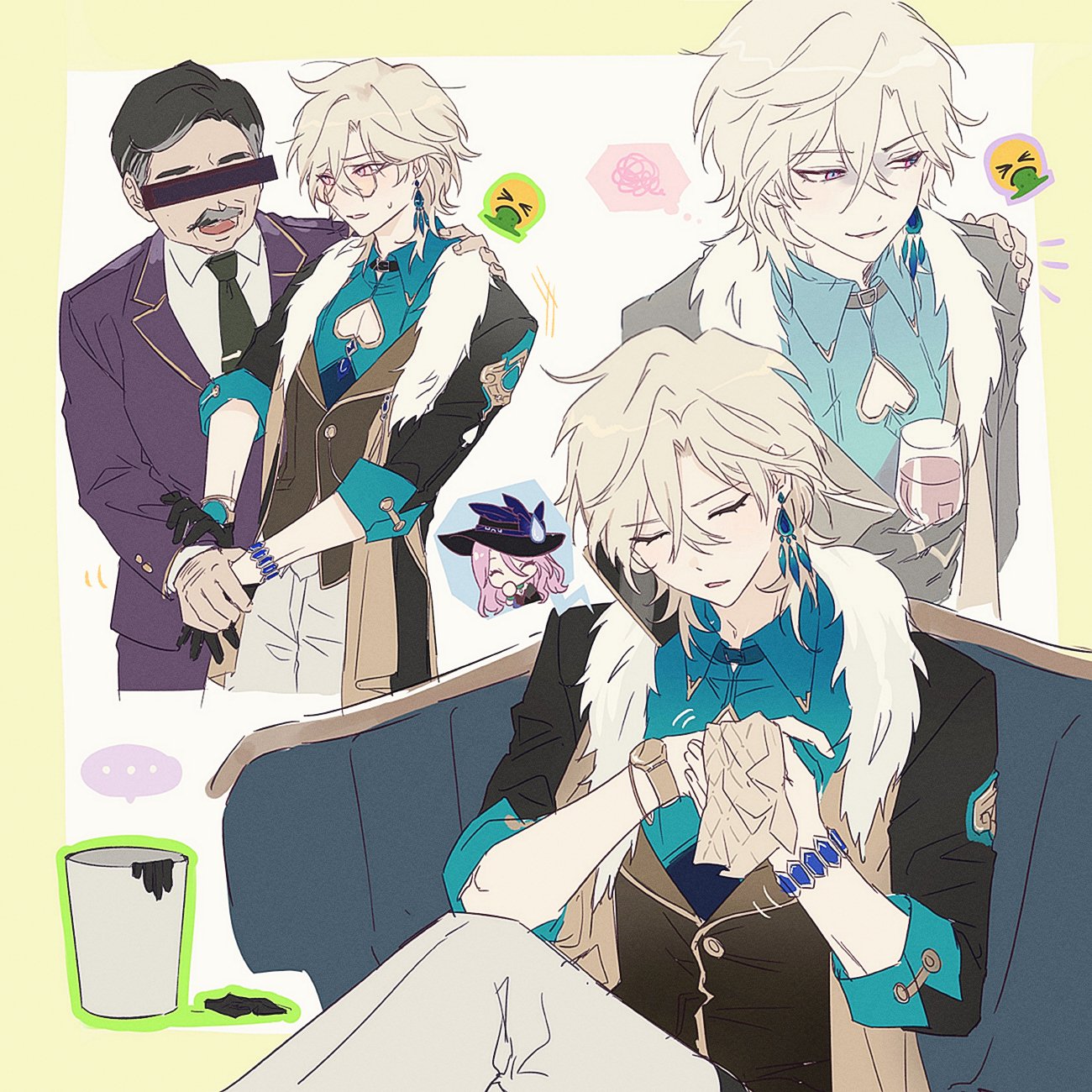 he image is a collection of animestyle illustrations featuring a young man with long white hair and a blue and beige outfit.  there are several depictions of him in different poses and emotional states, sometimes interacting with an older man in a purple suit. one panel shows the younger man looking pensive and holding a crumpled piece of paper.  another shows the younger man with the older man, with the younger man appearing slightly apprehensive.  the style is clean and elegant, with soft lines and a pastel color palette. the overall mood is gentle, yet tinged with sadness or concern.  background elements include a cup and some trash, adding subtle detail. the art style suggests a potential fanart piece, possibly based on a specific character or story.