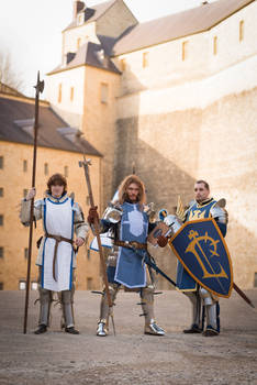 three men in medieval knight costumes stand in front of a castle. they are wearing armor and holding various weapons, including spears and shields. the scene is set outdoors in the daytime with sunlight illuminating the scene. the castle provides a historical and fantasy backdrop.  the costumes and props appear to be carefully crafted for a cosplay event or historical reenactment. the shields have unique designs or symbols.