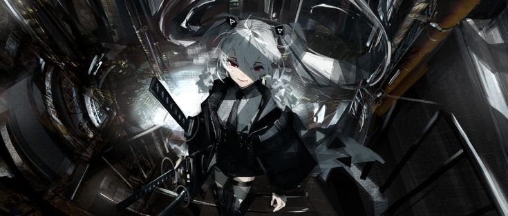 he image is a digital illustration or artwork of an animestyle girl with long white hair and red eyes. she's dressed in a dark, almost cyberpunkesque outfit and is holding a katana. the background is a dark, gritty cityscape with industriallooking elements. the overall style is dark, monochrome, and grunge. the art style is highly detailed, with a focus on texture and atmosphere.