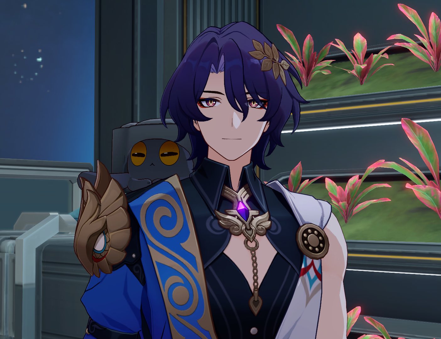 the image is a closeup screenshot from the video game genshin impact, featuring the character scaramouche (also known as the wanderer). he's depicted from the chest up, with his characteristic purple hair, a smirk on his face, and wearing elaborate clothing featuring a mix of blues, golds, and darker shades.  he's wearing a unique necklace and shoulder pauldrons. a small, darkcolored creature resembling a cat or small animal is perched on his shoulder. the background shows a futuristic, indoor setting with potted plants. the overall style is consistent with the animeinspired art of genshin impact.