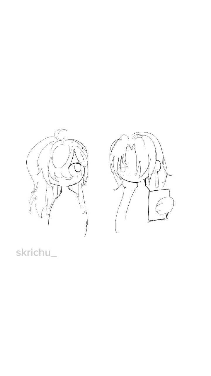 a black and white doodle of two cartoon girls standing side by side.  one girl is looking to the right with a small smile and the other is looking straight ahead with a serious expression. they have simple hairstyles and are both wearing simple clothes.
