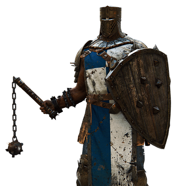 a knight in full armor stands with his shield and mace, looking ready for battle. the knight is wearing a helmet with a visor, chainmail, and a plate armor. he is holding a large, wooden shield with metal studs and a mace with a spiked ball at the end.  the knight is standing against a black background. the background is dark and the knight is the only light source.  the knight appears to be a character from a video game. the image is highly detailed and realistic.