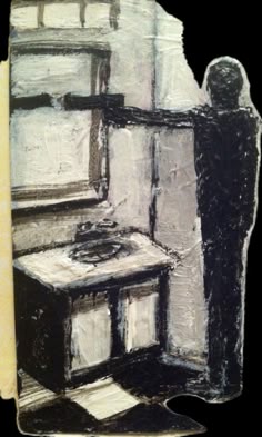 the painting depicts a dark, abstract scene with a shadowy figure standing in a room. the figure is holding a gun, and the scene is filled with tension and suspense. the dark colors and abstract forms create a sense of mystery and unease, while the figure's silhouetted form suggests violence and danger. the painting is a powerful and disturbing image that captures the feeling of fear and uncertainty.