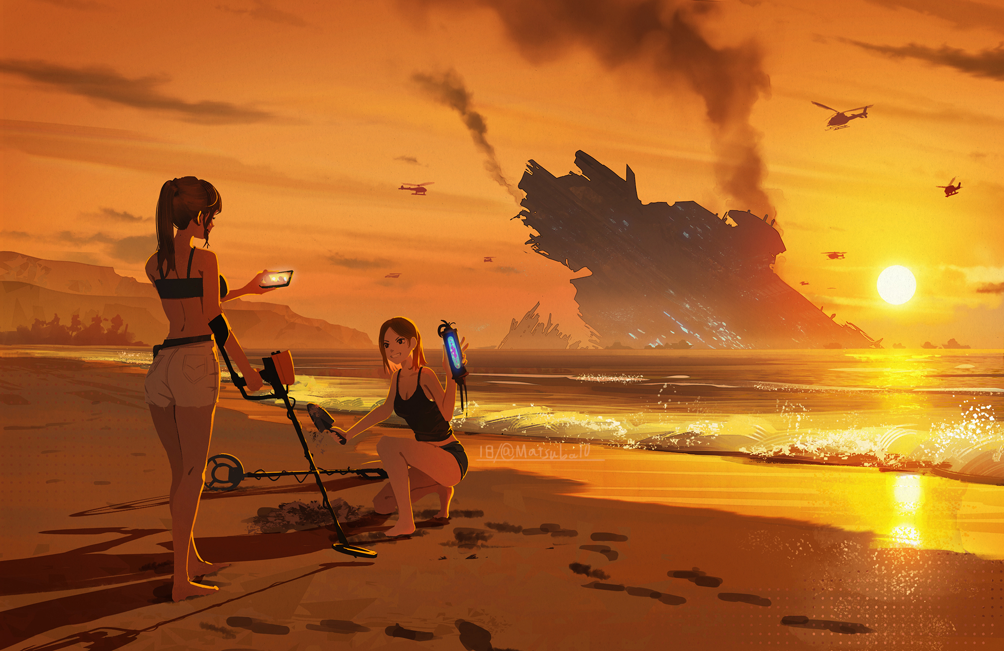 the illustration depicts two animestyle girls on a beach at sunset. one girl uses a metal detector while the other looks at a device. in the background, a large, damaged spaceship is partially submerged in the ocean, with several helicopters flying overhead. the scene is bathed in warm, golden light, creating a dramatic and mysterious atmosphere. the style is digital painting, with a focus on atmospheric perspective and color.