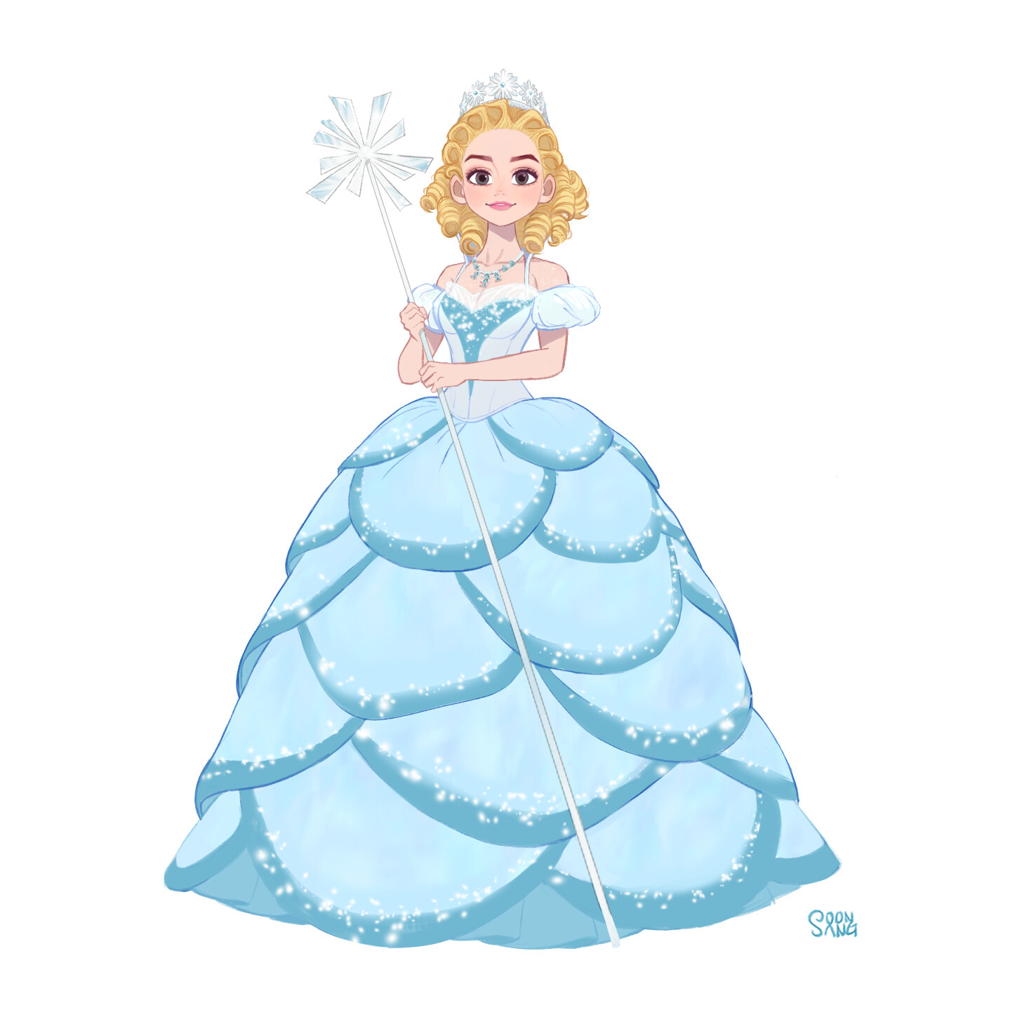 a digital illustration of a blonde woman wearing a light blue gown and a sparkling crown. she's holding a wand in her right hand. the background is pure white.