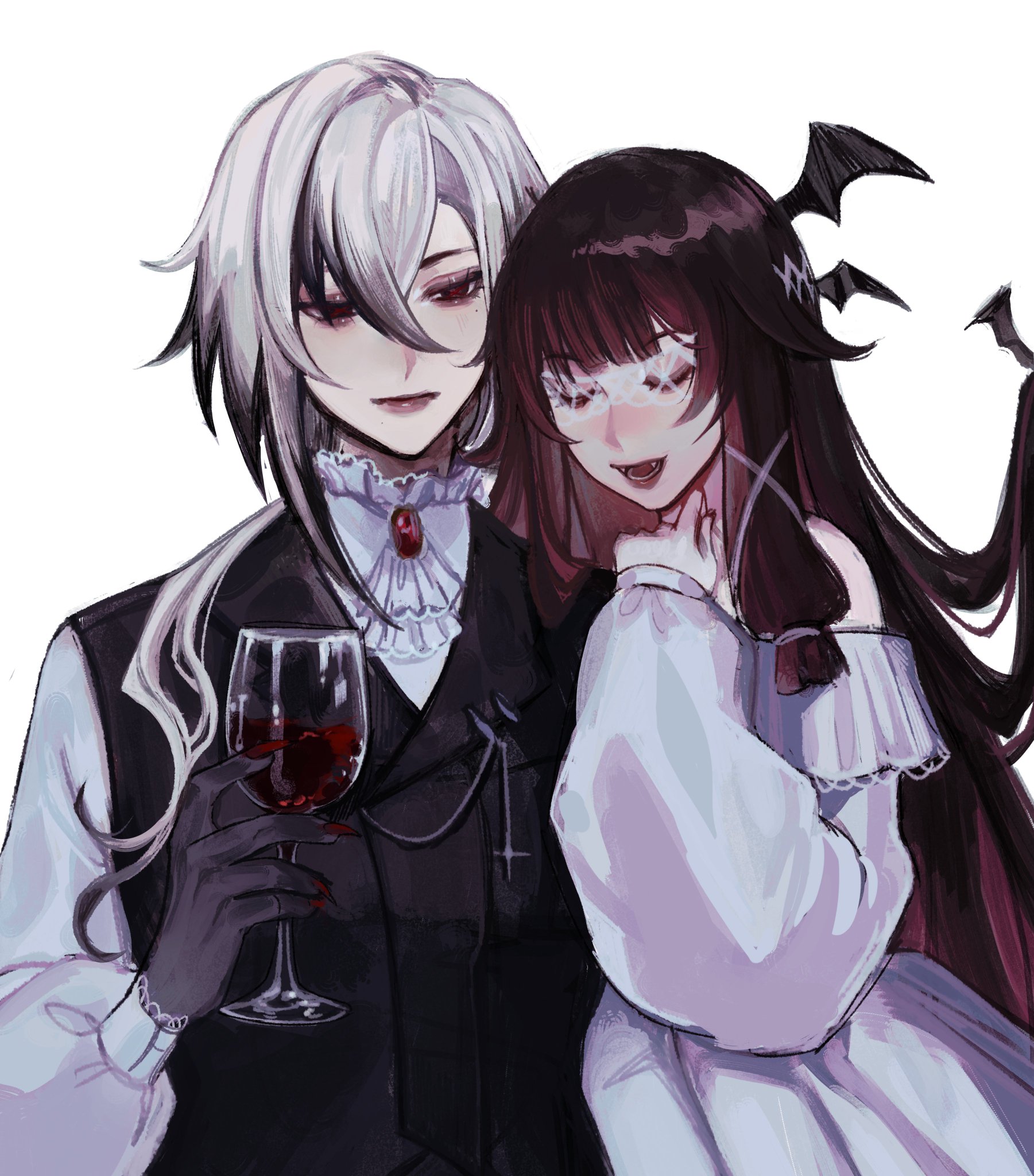 the image features an anime couple dressed in gothic fashion. the male character is holding a glass of red wine and has white hair and red eyes. he is wearing a black suit with a white shirt and a red tie. the female character has long, dark hair and red eyes and is wearing a white dress. the two are standing close together and their eyes are locked on each other. the background is a simple white background, which emphasizes the characters and their relationship. the image has a romantic and gothic feel, with a focus on the couple's love for each other. the image is drawn in a cartoon style, with a focus on detail and expression.