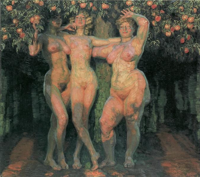 the image is a painting depicting three nude women standing under an apple tree laden with ripe fruit. the women are positioned close together, their bodies intertwined.  their skin tones are rendered with a variety of pastel shades, highlighting the textures and forms of their bodies.  the background is dark and suggestive of a forest or grove, contrasting with the lighter tones of the figures and the brightly colored apples. the overall style suggests influences from symbolist and expressionist movements, potentially reminiscent of gustav klimt's work.  the painting evokes a sense of sensuality and mystery.