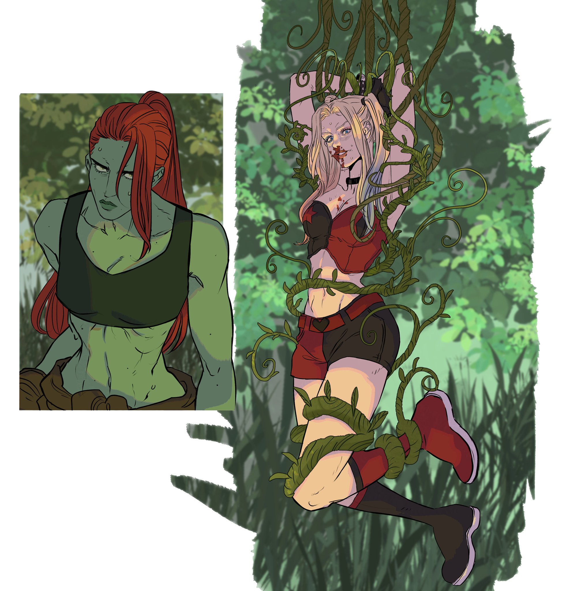 the image shows poison ivy standing on the left side of the image looking serious, and harley quinn is on the right side of the image tied up with vines in a forest. harley quinn has blood on her mouth.