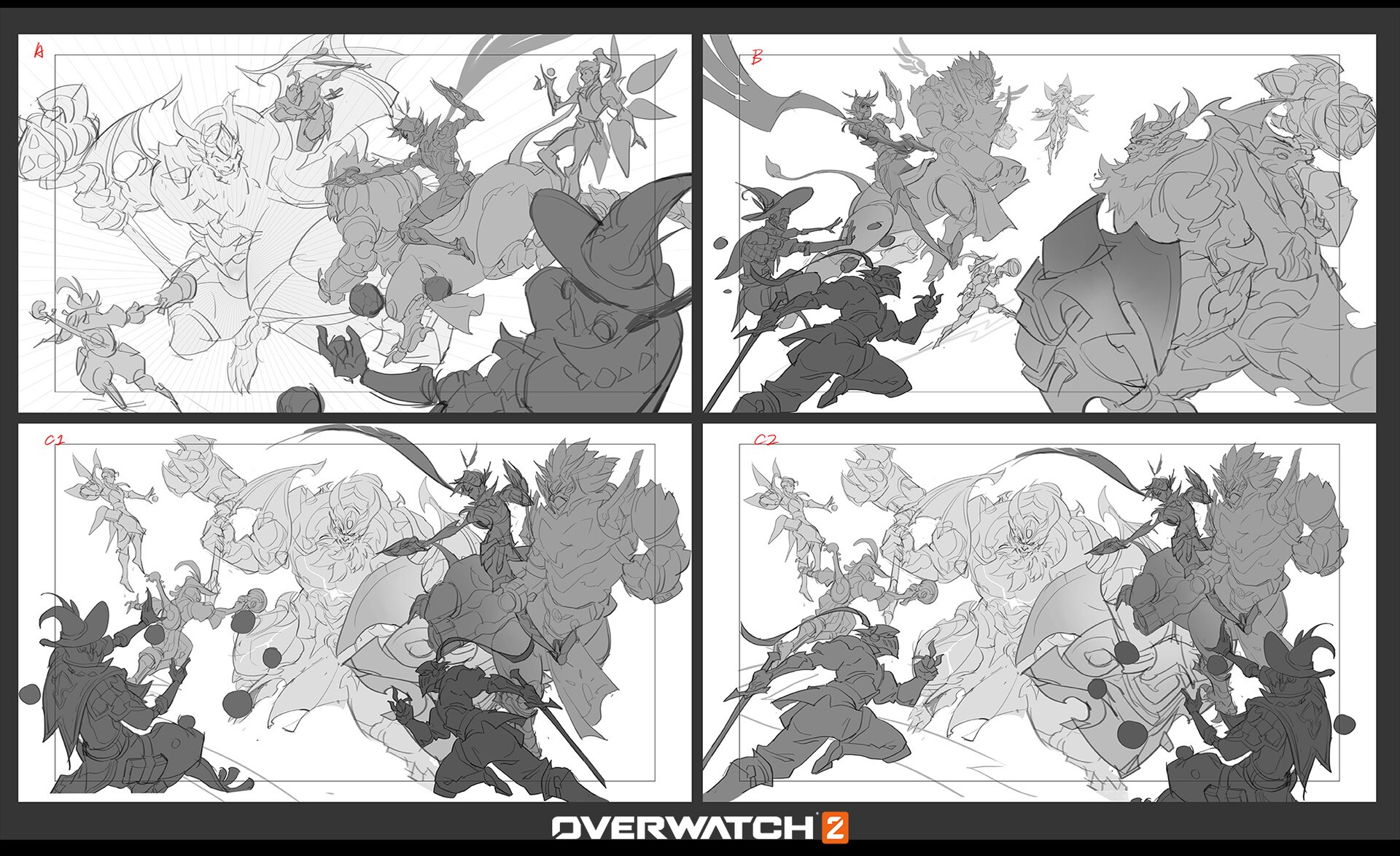 this is a concept art sketch for the video game overwatch 2. it shows different overwatch heroes engaging in combat. the art is in black and white and has a rough, unfinished look. it is likely a preliminary sketch for a larger piece of art or animation.