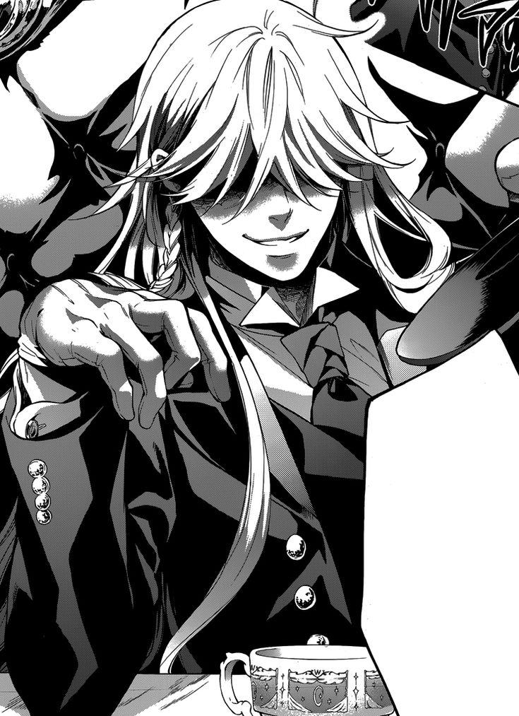 the image is a closeup, monochrome manga panel featuring undertaker from the series black butler (kuroshitsuji).  he's depicted with his signature long, white hair, a sly smirk, and is dressed in his dark, formal attire. his hand is gesturing in a confident manner. a teacup is partially visible in the lower right corner, suggesting a setting of quiet sophistication.  the overall style is dark, elegant, and reflects the gothic aesthetic of the series.  another character's hand is visible in the background, likely indicating an interaction.