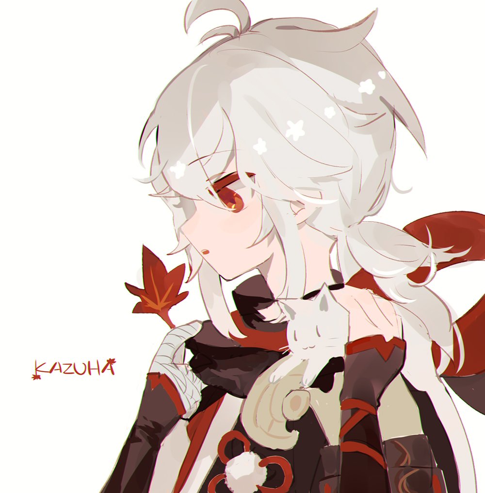 a digital illustration of the character kazuha from the game genshin impact. kazuha is an anime boy with white hair, red eyes, and a red and black outfit. he is holding a white cat in his arms. the background is white.