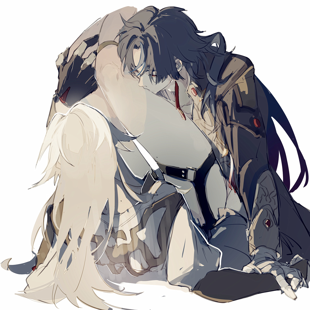 the image is a digital illustration of a couple embracing each other. the male character is depicted with dark hair and is wearing a dark brown jacket. he is embracing the female character from behind, holding her tightly. the female character has long, white hair and is wearing a white outfit. she appears to be injured as she is bleeding from her neck. the background is white, and the overall mood of the image is one of sorrow and heartache. the line work and colour palette is reminiscent of anime or manga art.  the overall style is dark, mysterious and reminiscent of a fantasy genre.