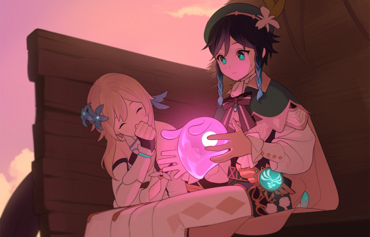 two anime characters are sitting together. one of them is holding up a pink glowing orb in their hand. the other character has their hands clasped together near their mouth and are smiling. the background is a sunset and they appear to be sitting inside of a carriage.