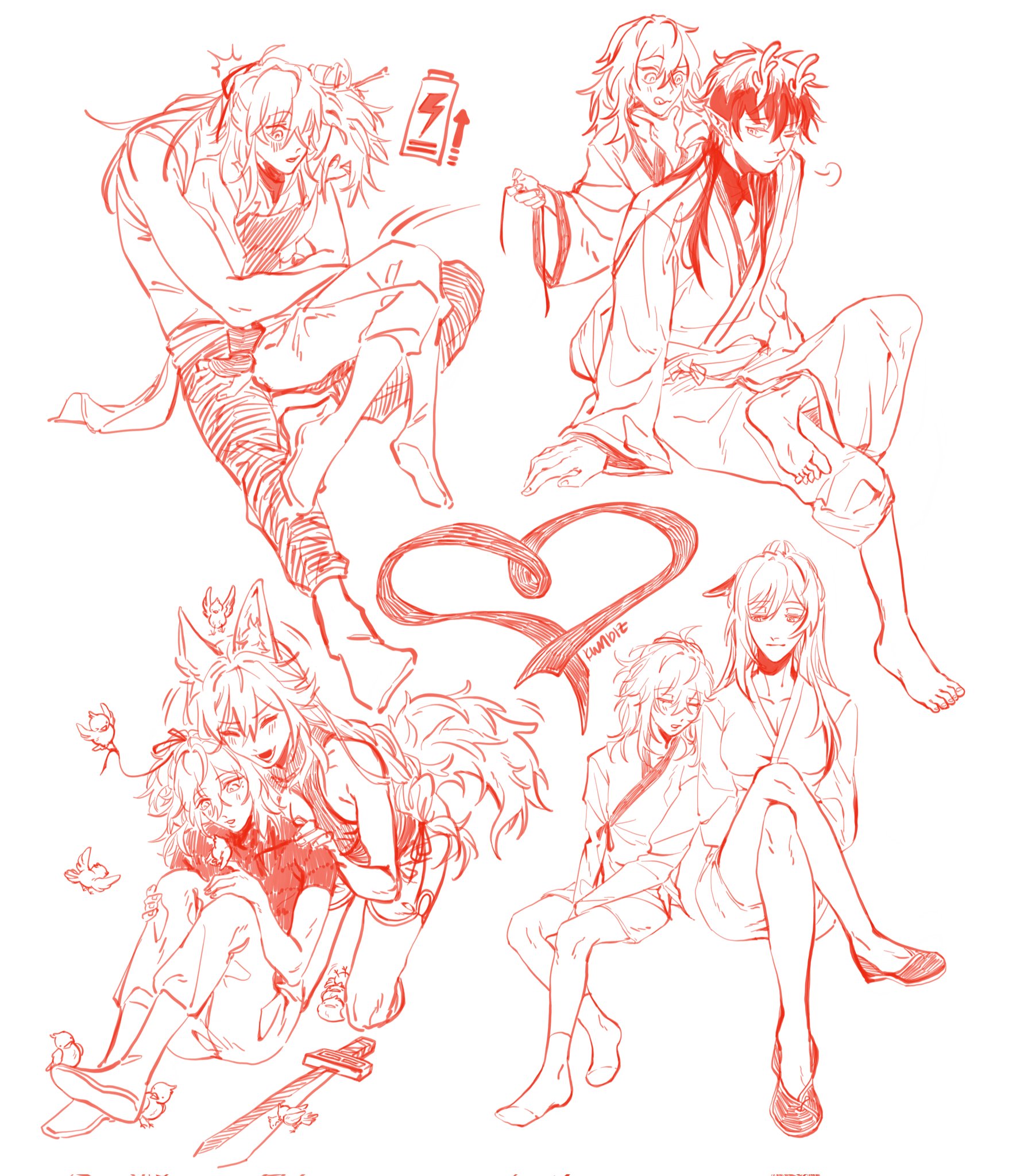 this is a digital sketch of four anime couples. they are drawn in red lineart on a white background.  the first couple in the upper left is hugging while sitting. the second couple in the upper right is sitting with the girl's arm wrapped around the boy. the third couple is hugging with the girl's arms around the boy's waist. the fourth couple is sitting with the girl's leg on the boy's lap.