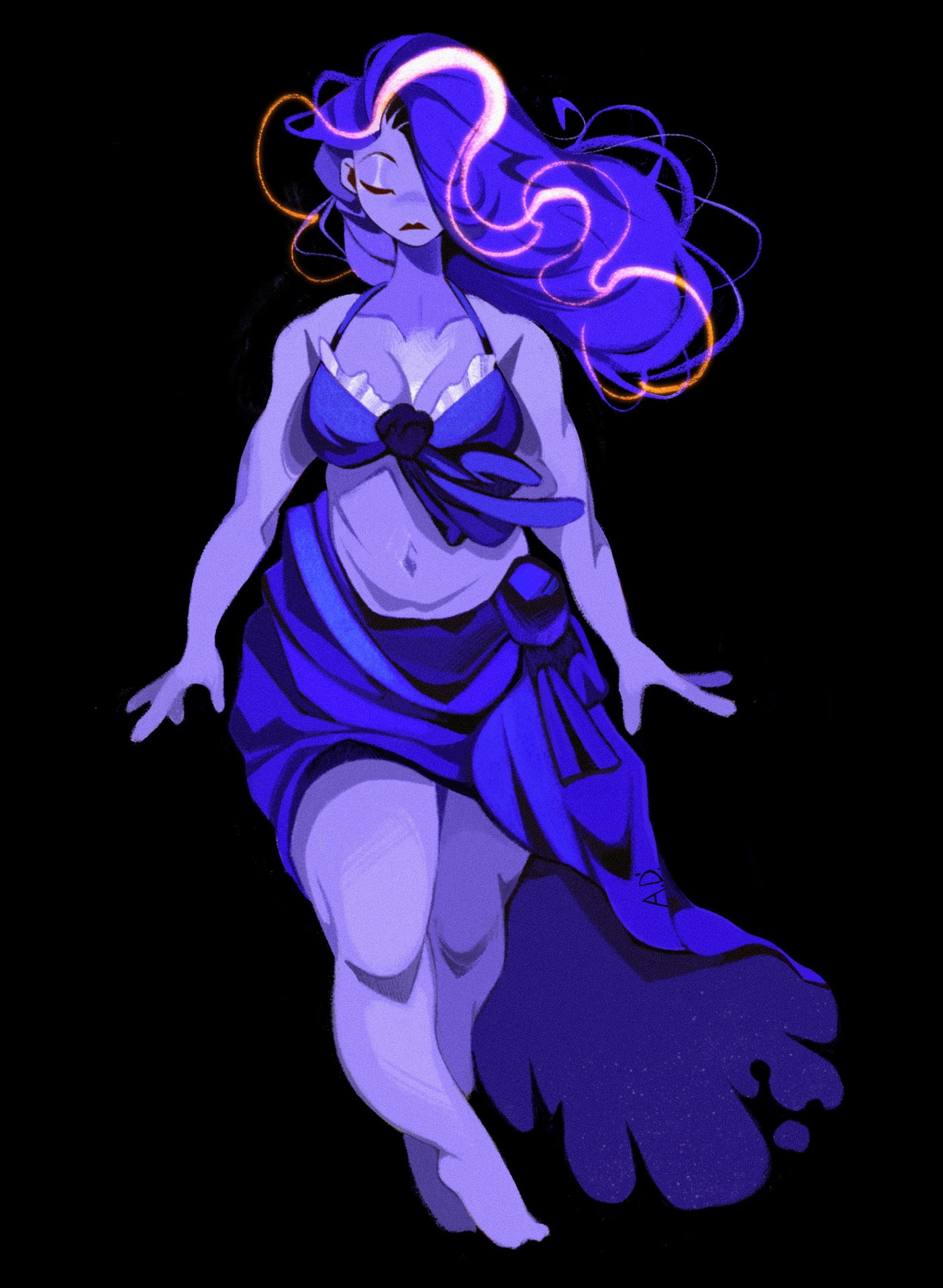 the image is a digital painting of a stylized female character. she has long, flowing purple hair with glowing orange highlights, and her skin is a pale purple hue. she wears a purple bikini top and a flowing purple wrap skirt. her pose is relaxed and graceful, and her expression is serene. the background is black, which makes the character stand out. the overall style is fantastical and dreamy.