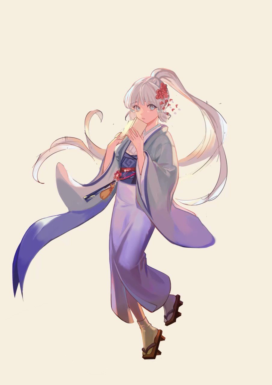 this is a digital illustration of an anime girl in a traditional japanese kimono. she has long white hair with red flowers in it and is wearing a blue and purple kimono. she is holding a white envelope to her chest and her eyes are closed. she is standing on one leg with her other leg bent at the knee. she is wearing brown sandals. the background is a light beige.