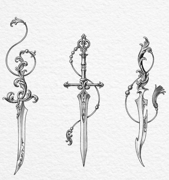 he image showcases three distinct sword designs, rendered in a detailed, elegant style reminiscent of intricate line drawings or tattoo concepts.  each sword features ornate details, including flourishes resembling floral or filigree patterns. one sword has a more classic design, while the other two have more stylized and elaborate handles and hilts, incorporating elements suggestive of jewelry and embellishments like chains and tassels.  the overall aesthetic is black and white, creating a clean, crisp look that emphasizes the intricate line work. the designs are presented against a light, textured background, resembling paper or canvas.