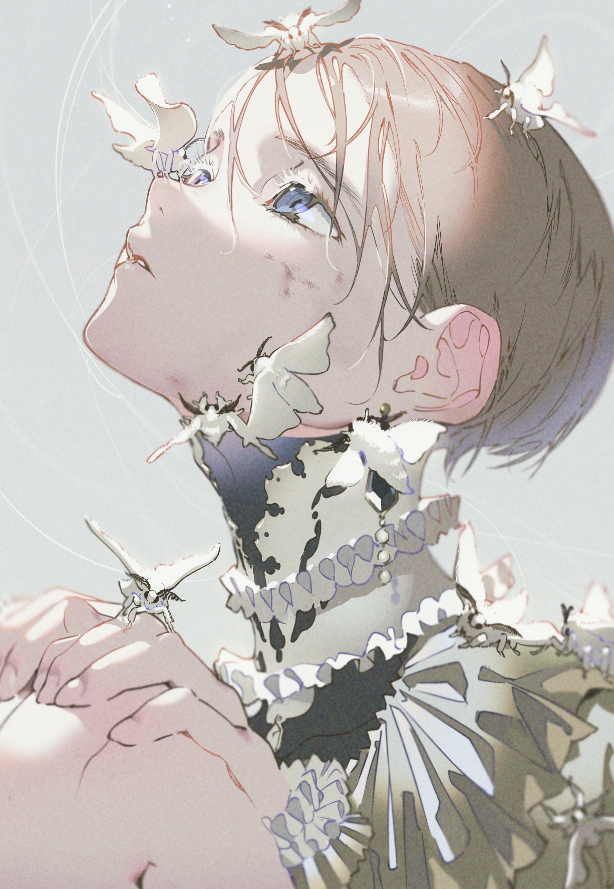 the image showcases a stunningly drawn animestyle portrait of a young man adorned with an array of delicate butterflies. he gazes upward, his expression a mix of melancholy and wonder. his attire, featuring intricate lace and pearl embellishments, hints at a touch of gothic elegance. the artwork is bathed in soft lighting, creating a dreamy and ethereal atmosphere.