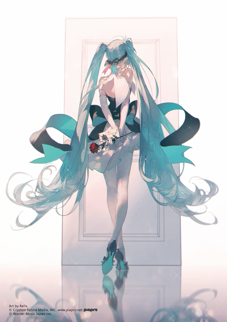 a fullbody illustration of hatsune miku, an anime girl with long aqua pigtails and a blindfold, holding a red rose while standing in front of a white door. she wears a black and white dress with a large aqua ribbon tied around it. her image is reflected on a shiny surface below. the illustration has a soft, ethereal quality. the artwork credits are visible in the lower left corner.
