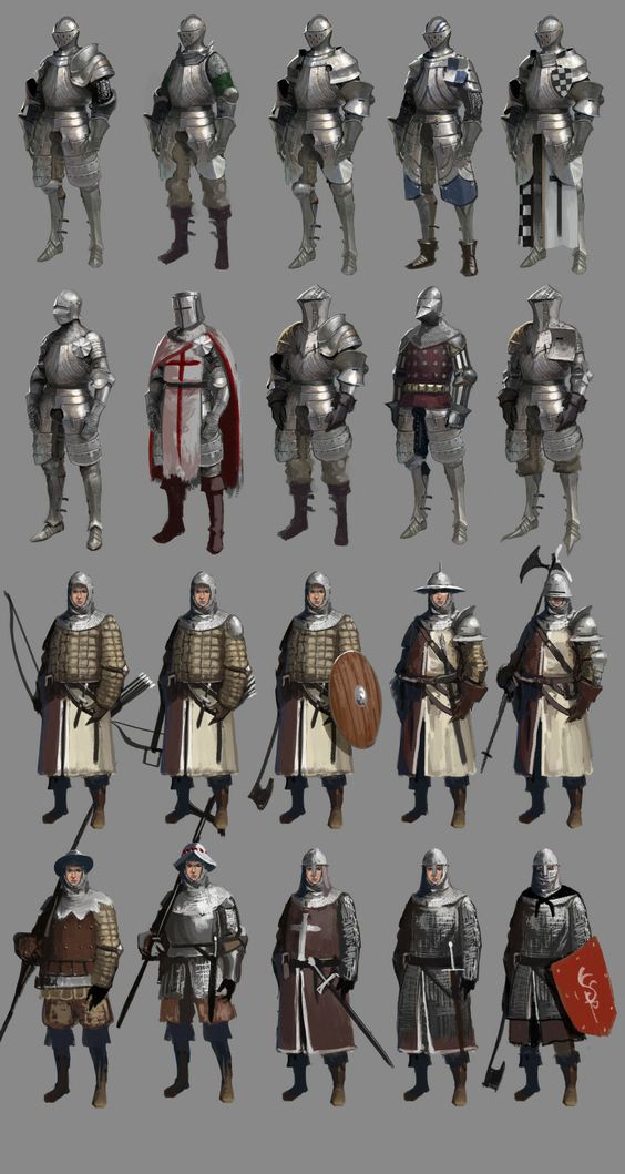 a collection of character design concepts for medieval knights and soldiers, showcasing a variety of armor styles and weaponry. each figure is presented in full battle gear, offering a detailed look at the intricacies of historical combat attire. the designs encompass different ranks and specializations within a medieval army, from heavily armored knights to more lightly equipped archers and foot soldiers.
