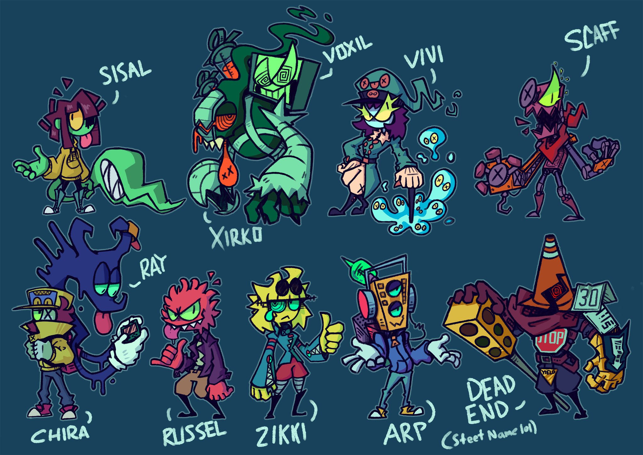 the image showcases ten distinct cartoon characters set against a dark teal background. each character boasts a unique design with exaggerated features, sharp angles, and a vibrant color palette reminiscent of street art and graffiti. they resemble a motley crew of robots, monsters, or creatures from a video game, each with their name playfully scribed above or below them.