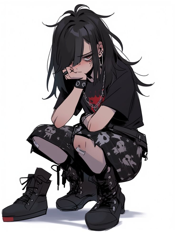 the image shows a stylized illustration of an animestyle girl. she is a young woman with long, dark hair, multiple piercings, and is wearing dark clothing with skull and star prints. her outfit includes a black tshirt, ripped black shorts, and black combat boots. she is in a squatting pose, with her hands resting on her face, appearing somewhat sullen or bored. the art style is digital, and features soft shading with some line art elements.  the overall aesthetic is dark and emo/gothinspired.