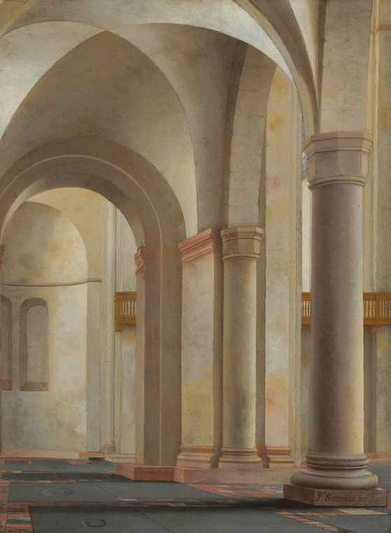 the image depicts an interior view of a building, likely a church or cathedral, characterized by its grand architecture. the scene is dominated by a series of arches and columns that create a sense of depth and perspective. the columns support barrel vaults that form the ceiling of the space. the architectural style appears historical, with a focus on stone construction and simple design elements. a long corridor extends into the background, lined with similar architectural features. the image appears to be a painting or a drawing that captures the grandeur and scale of the interior.