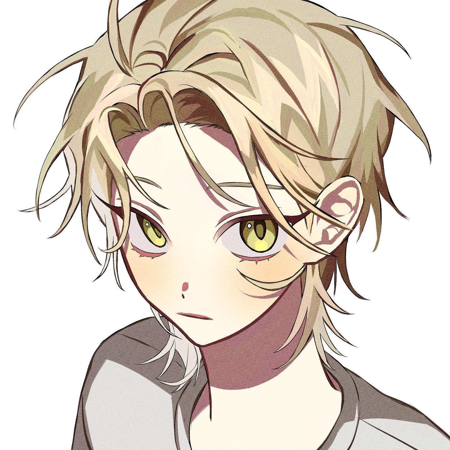 the image is a closeup digital drawing of an animestyle boy. he has short, blond hair with some strands falling over his forehead, revealing bright yellow eyes. his expression is somewhat serious or pensive. he has fair skin and is wearing a simple, light gray shirt. the art style is clean and detailed, with a focus on the character's face and expression. the overall aesthetic is modern and aesthetically pleasing.