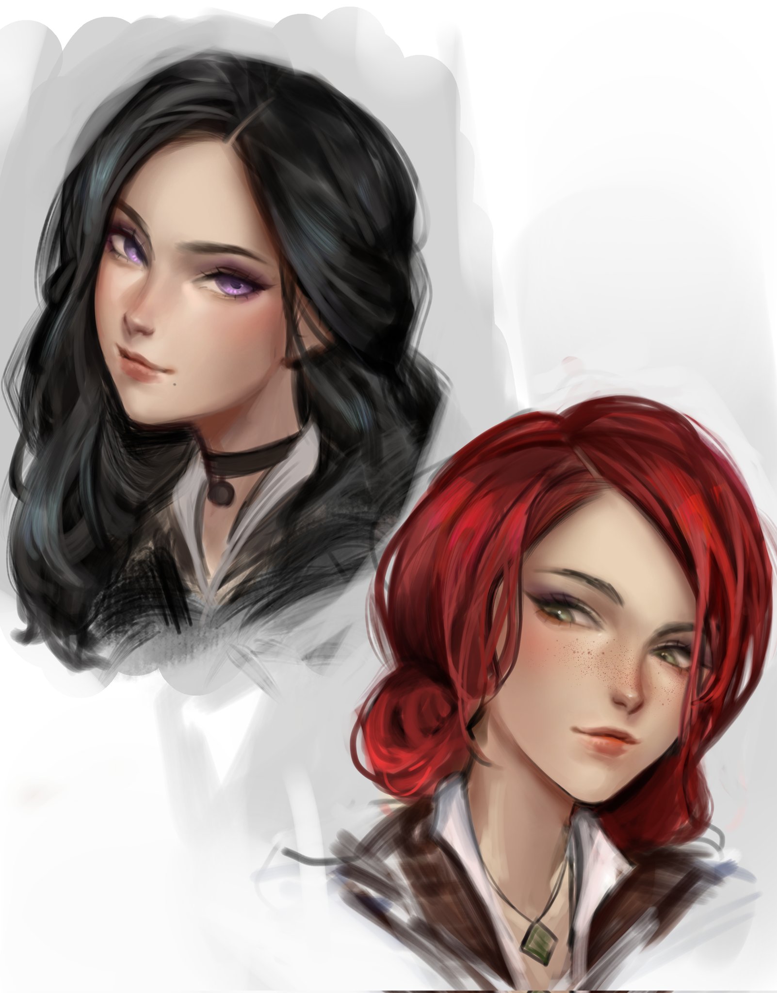 the image shows a digital painting with two women side by side. the woman on the left has long, wavy black hair and striking purple eyes and is wearing a black choker with a pendant. the woman on the right has short, wavy red hair and green eyes and freckles. she is wearing a white shirt and a pendant. the style is illustrative and painterly, likely fantasyrelated.