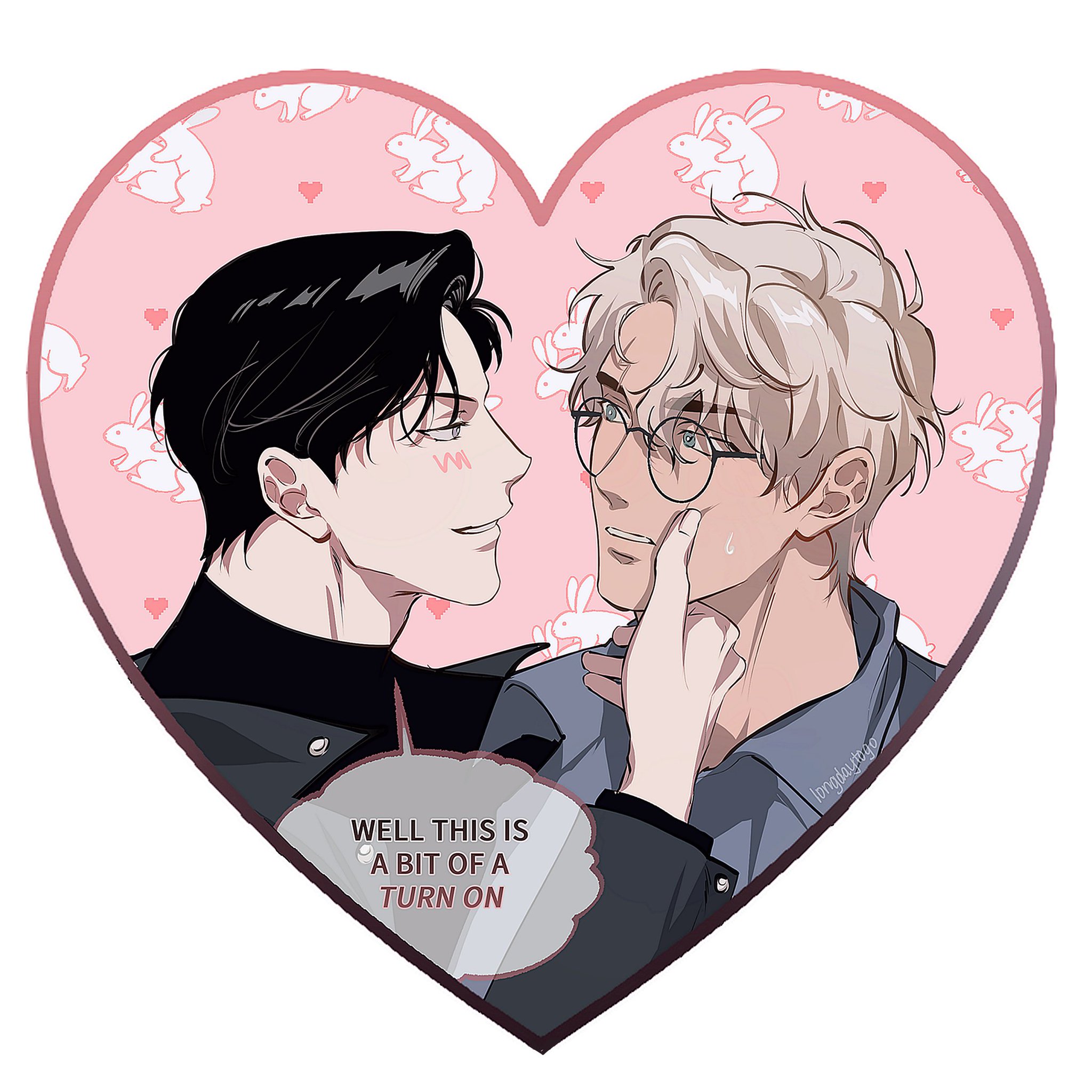 the image is a digital fanart piece depicting a romantic scene between two young men.  the style is reminiscent of korean manhwa or webtoons, featuring stylized characters and a clean line art. the two men are intimately close, with one gently touching the other's cheek.  the background is a pink heart shape filled with a repeating pattern of bunnies, adding a cute and playful touch. a speech bubble indicates one of the characters' thoughts, "well this is a bit of a turn on," further emphasizing the romantic nature of the scene. the overall aesthetic is sweet, romantic, and suggestive of a close relationship.