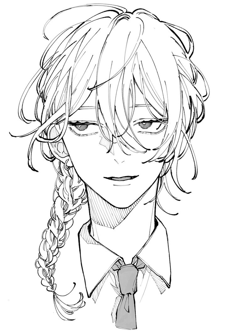 a black and white line drawing of a young woman with long hair styled in a braid. she has bangs that partially cover her eyes. she is wearing a collared shirt and tie, reminiscent of a school uniform. her expression is calm and slightly mysterious. the style is reminiscent of anime or manga art. the drawing is detailed, with shading and texture added through lines.