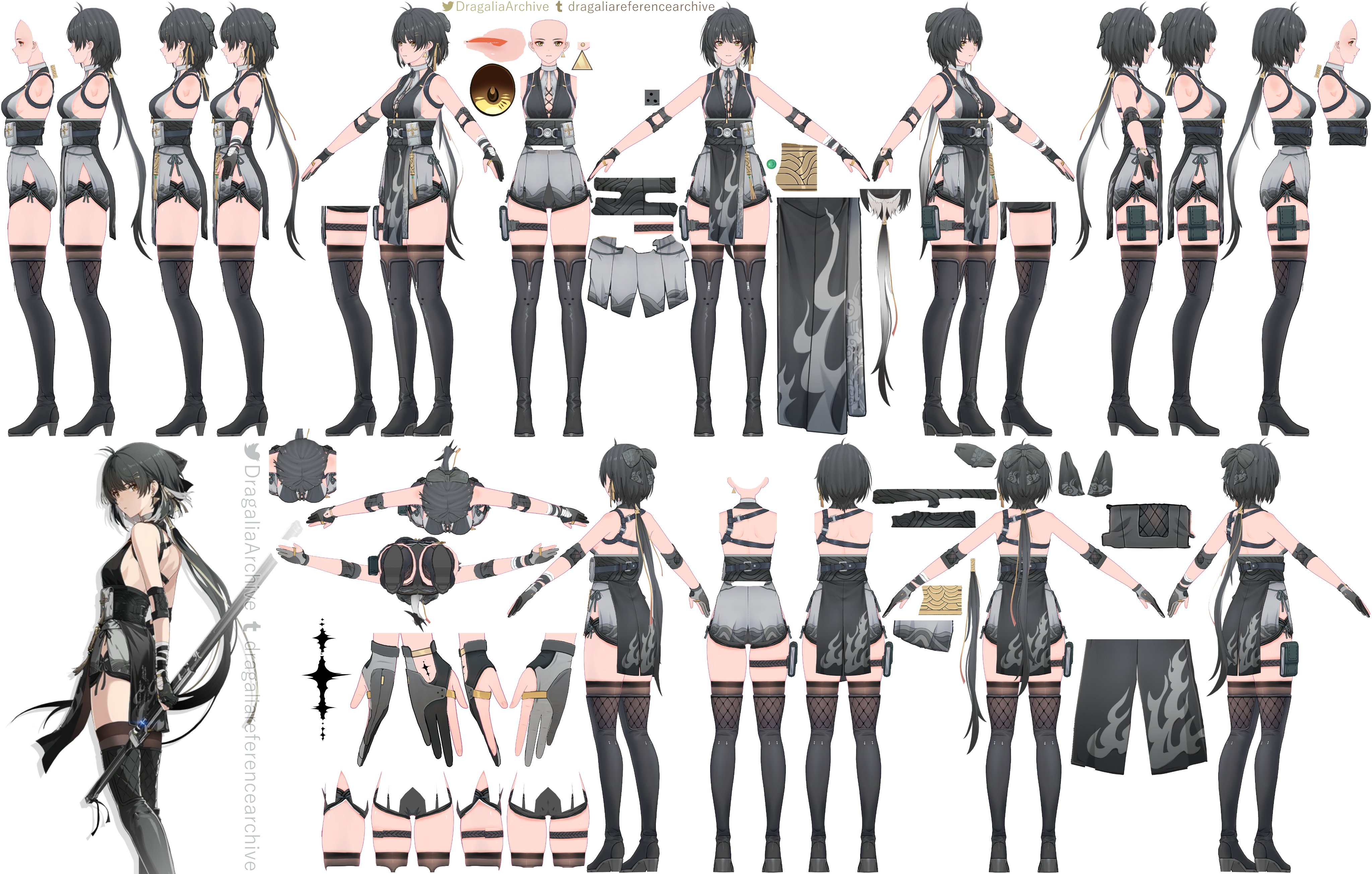 this image is a comprehensive character sheet for a female anime character. it provides various views and details of the character's 3d model, including multiple poses, closeups of facial features, clothing, accessories, and weapon.  the sheet is meticulously detailed, offering a complete visual reference for animators, game developers, or illustrators working with this character. the character design is predominantly black and grey, with a distinctive firelike pattern on her clothing.  different parts of her outfit are broken down individually to show the details. there is also a view of her from the front, back, and sides.  the image includes a high level of detail, showcasing various assets for possible use in animation or game development.