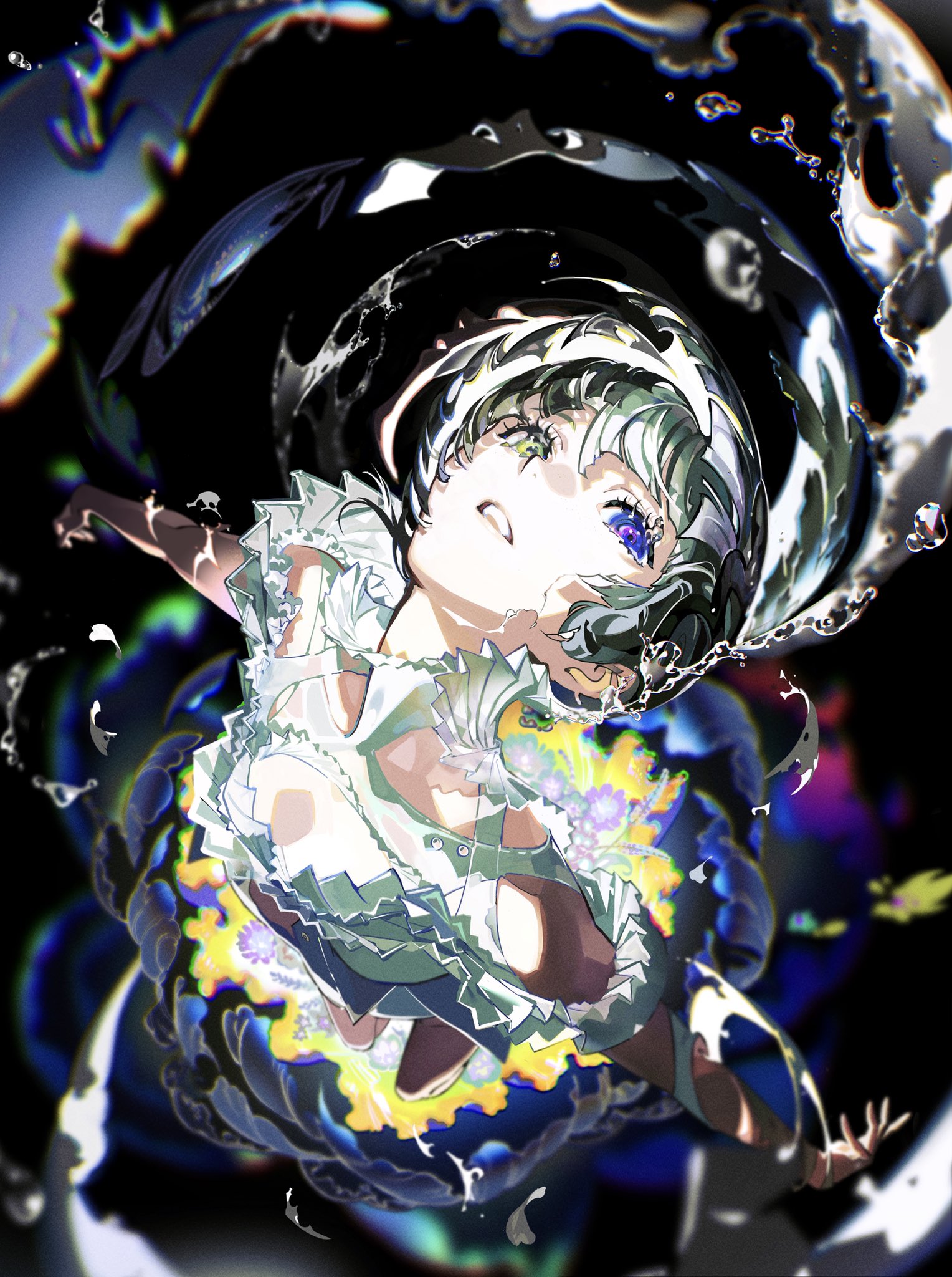 a digital illustration of an anime girl with green hair and a white dress. she is surrounded by colorful water and abstract shapes, creating a magical and dreamy atmosphere.