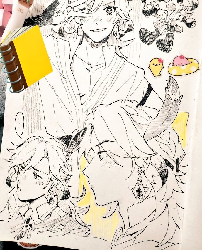 a closeup sketch of two anime boys in a notebook. the boys are both drawn in a simple style with black ink on white paper. one is smiling and covering his eyes with his hand, while the other is looking to the side, with his head tilted slightly. both have detailed hair, and the boy on the left is wearing a longsleeved shirt. the background is filled with various doodles including a cartoon figure and yellow stickers.
